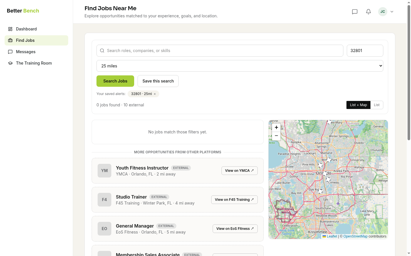 Candidate view of Find Jobs Near Me with a map and job listings