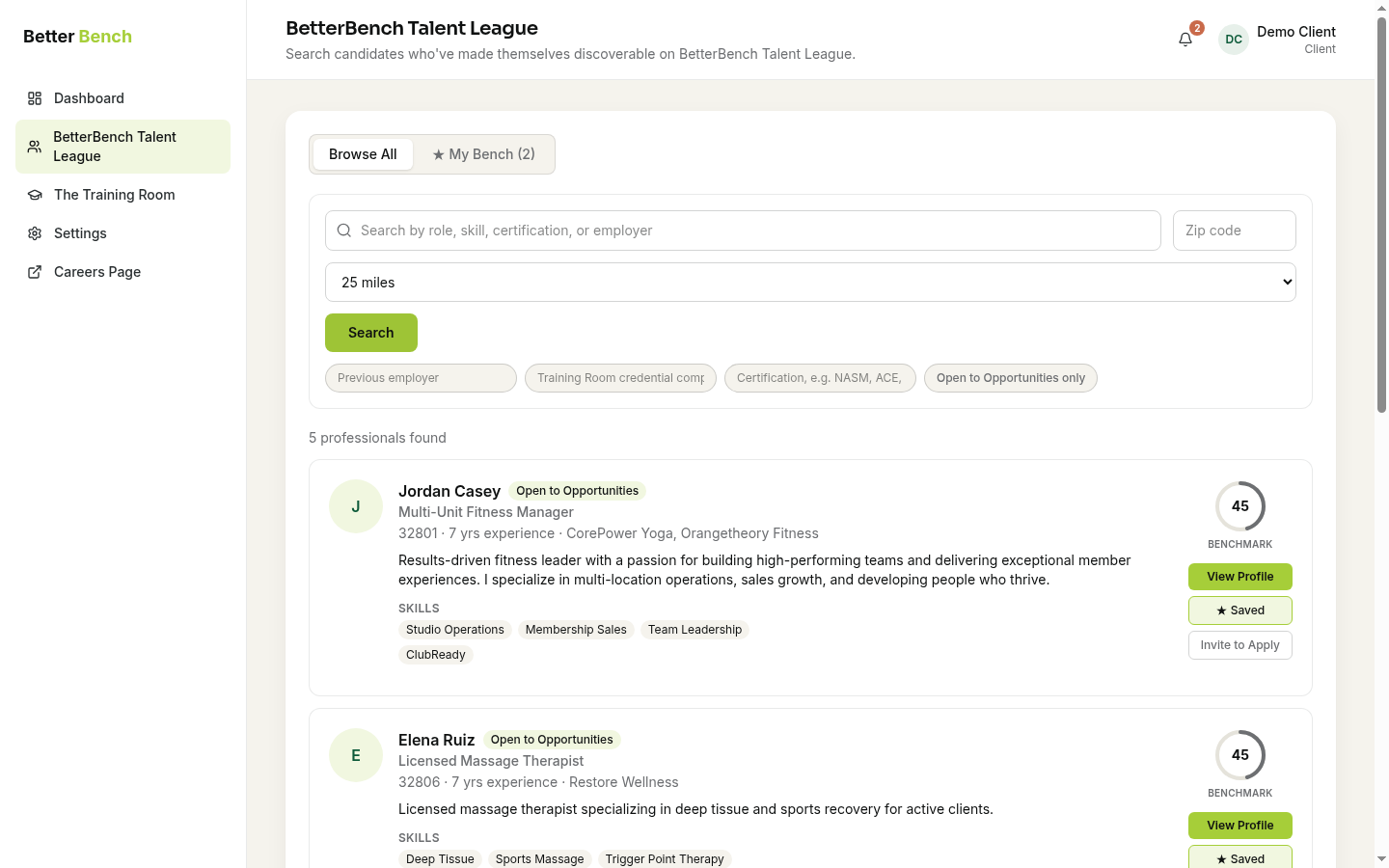 Find Talent search in the BetterBench Talent League