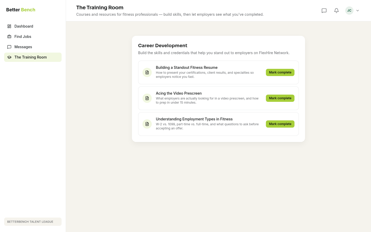 Candidate view of The Training Room career development courses