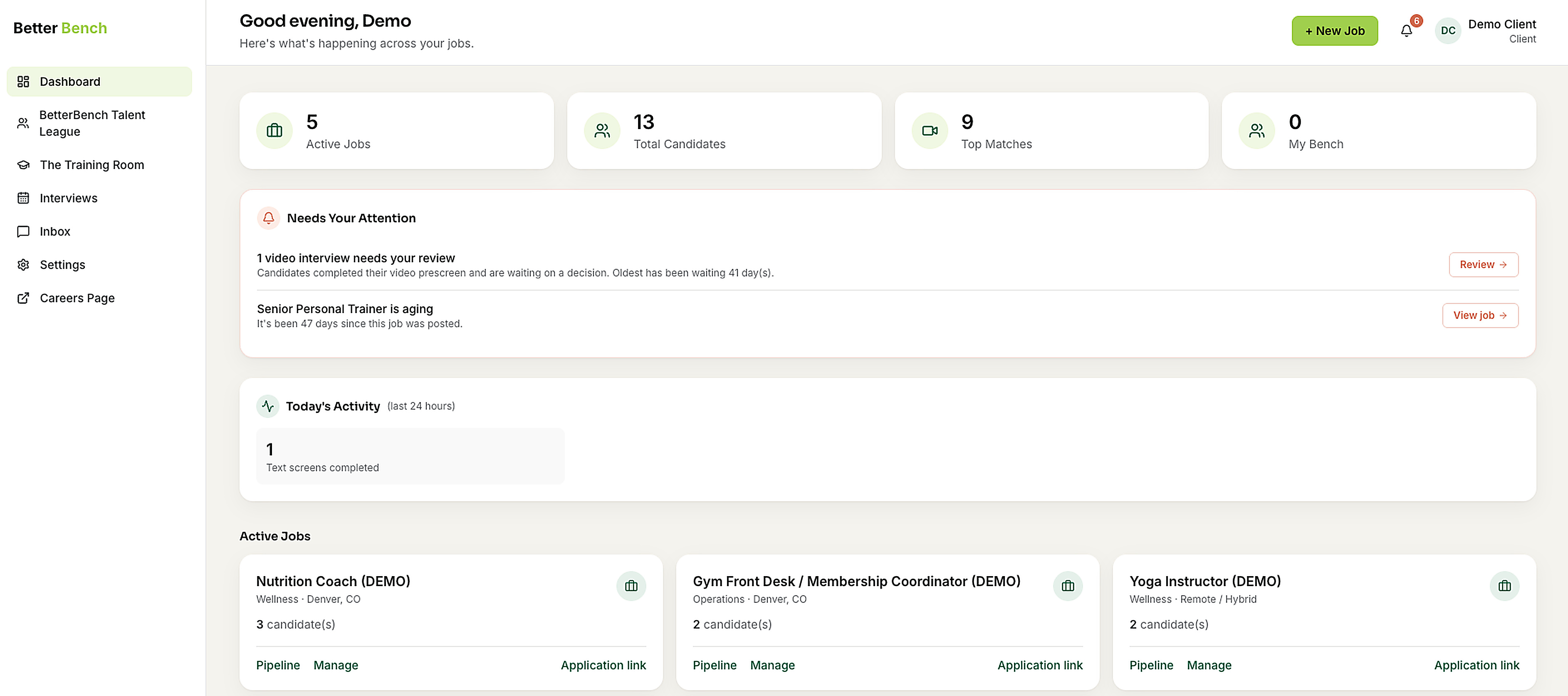 BetterBench employer dashboard showing active jobs, total candidates, and Top Matches