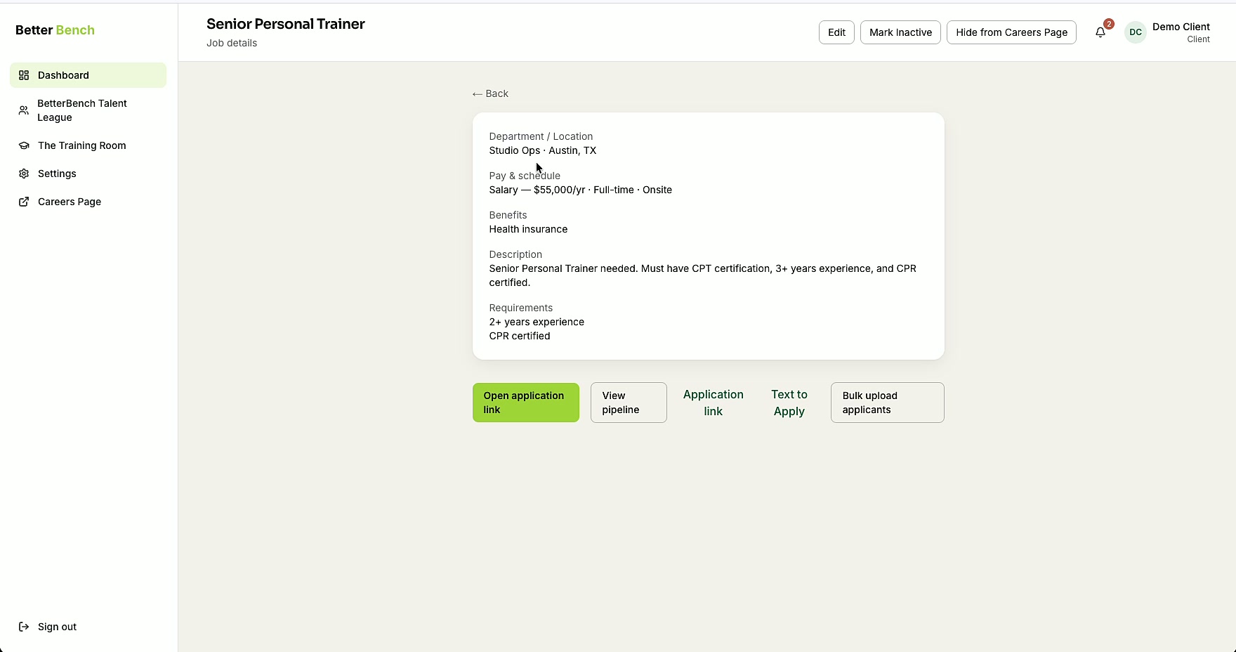 Job details with requirements, benefits, and screening settings