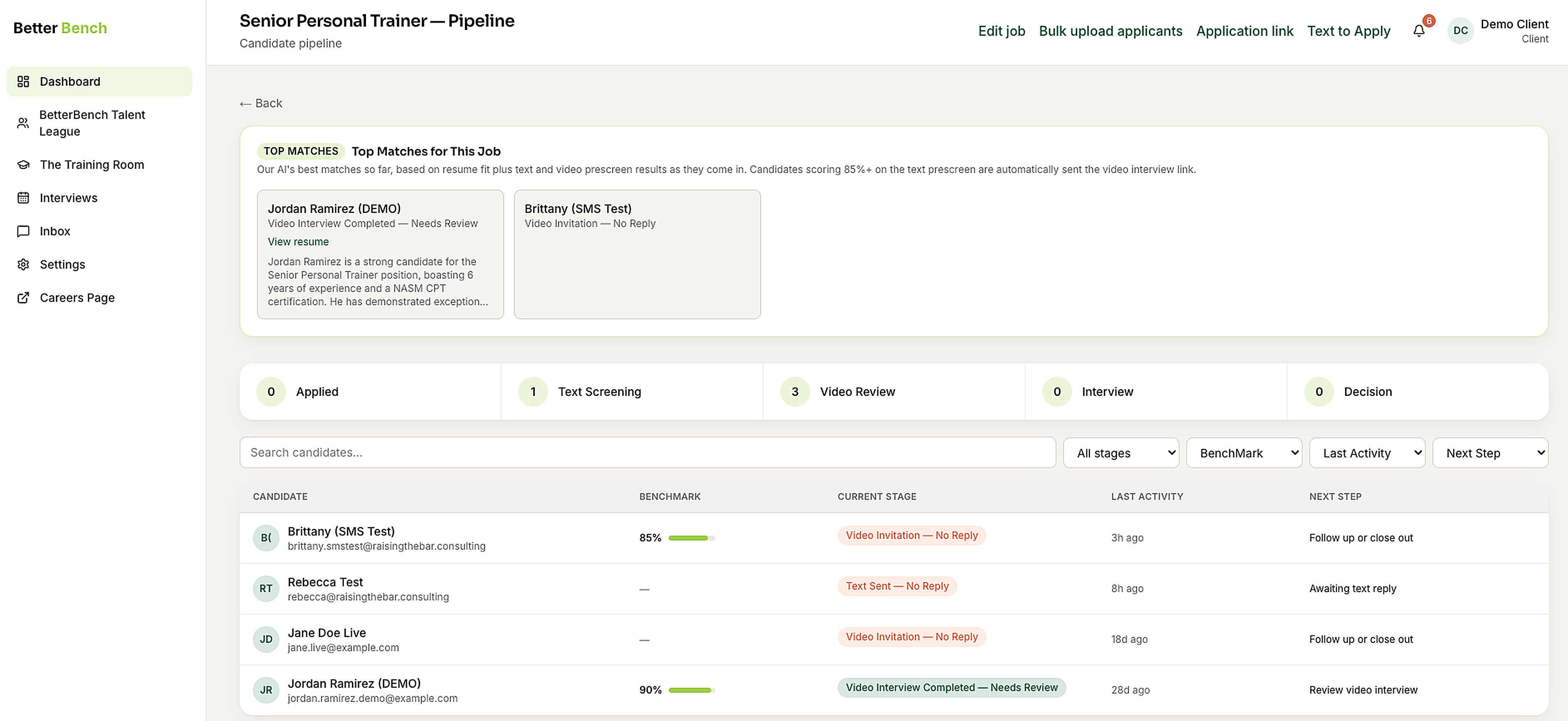 A candidate profile with a 90% BenchMark score and video interview insights