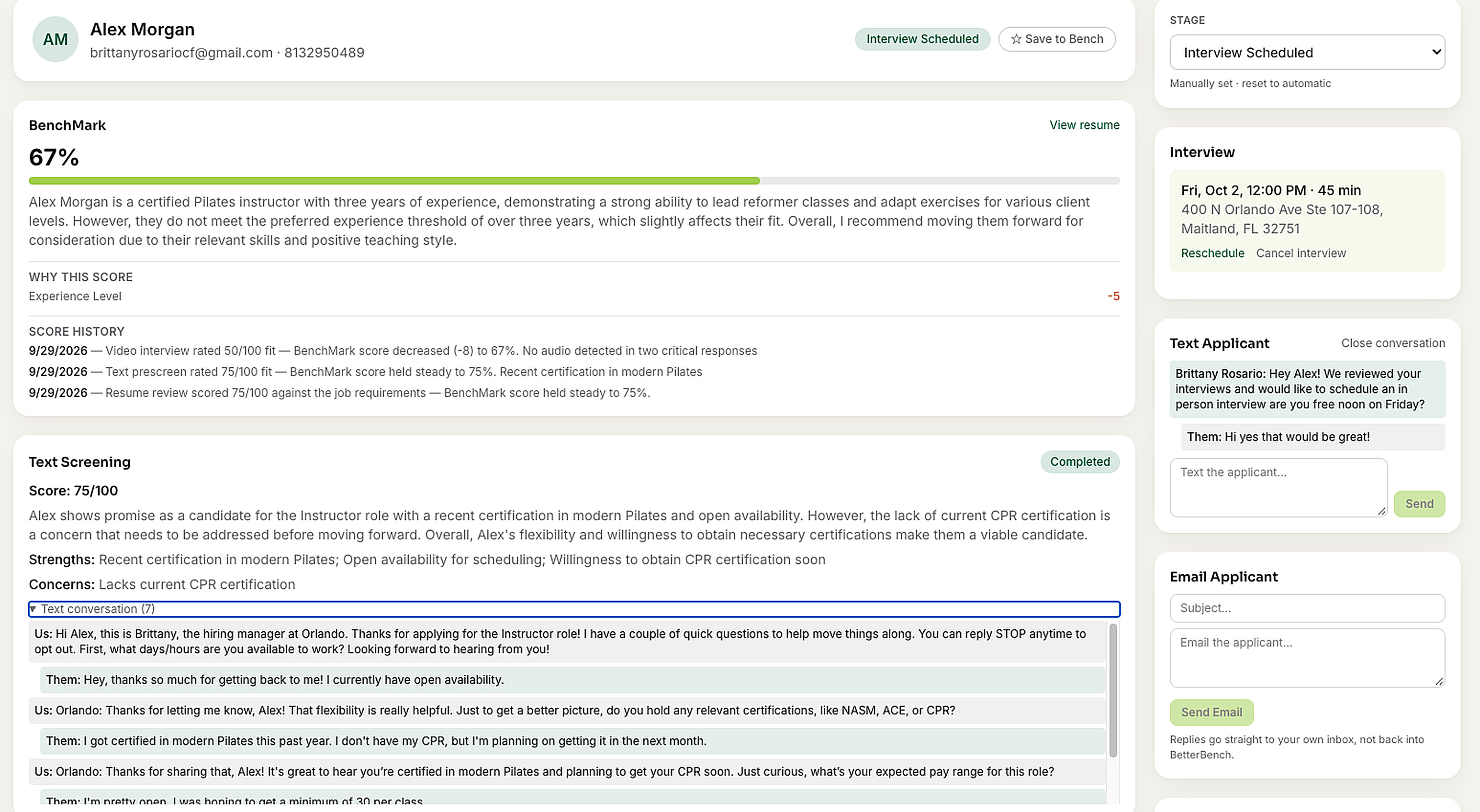 AI text screening conversation with BenchMark score on a candidate profile