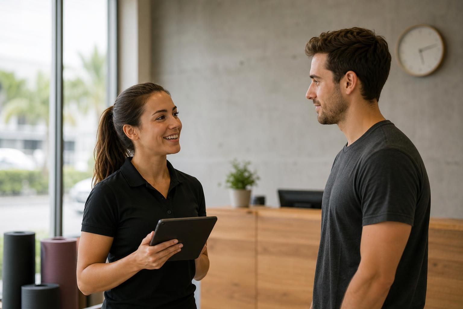 A studio manager talking with a candidate in a modern fitness studio